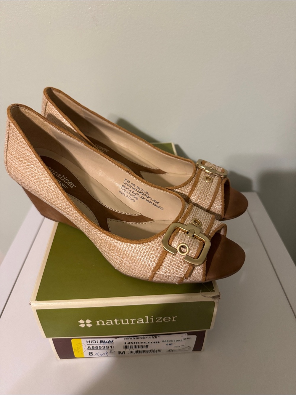 Naturalizer Hidi Woven Tan Peep-Toe Wedges with Gold Buckle
